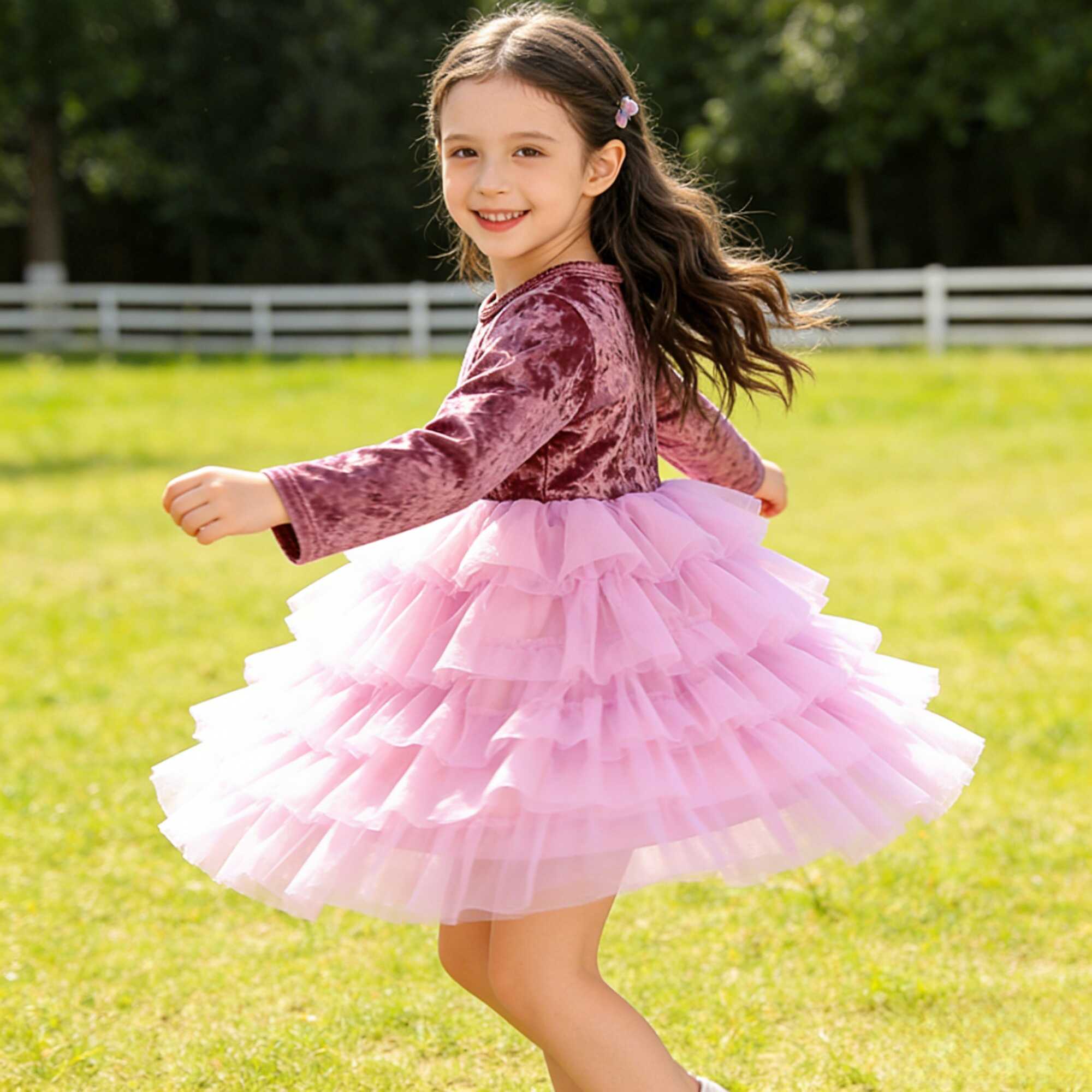 2026 Hot Sale Custom Girls' Velvet Tutu Dress Long Sleeve Layered Tulle Party Dress for Baby Girl
