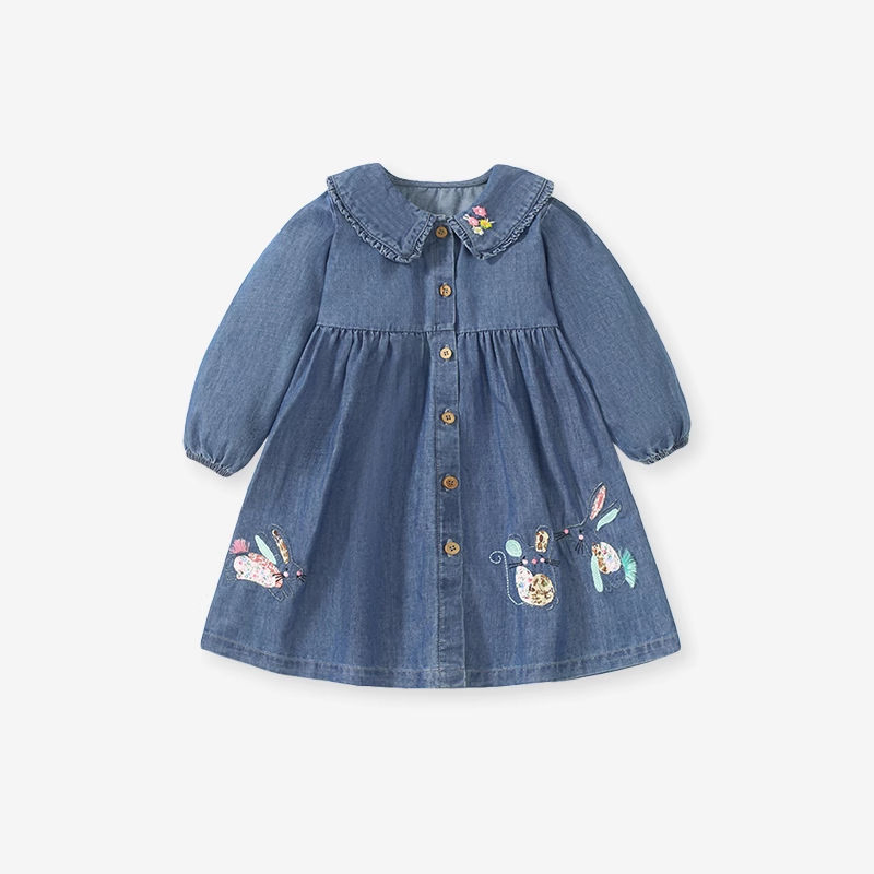 Girls Cotton Lovely Design Sweet Dress Soft and Comfortable Long Sleeve Wholesale Baby Denim Dress for Spring and Autumn