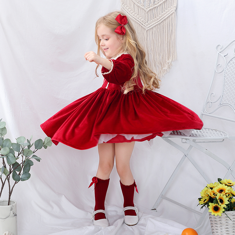 Kids Boutique Dress Winter Party Red Velvet Girls Spanish Dress Baby Christmas Dress