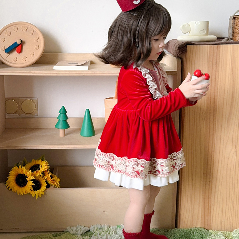 Festive Red Velvet Dress Girls Long Sleeve Holiday Party Gown Christmas Chinese Baby Girl Casual Dress