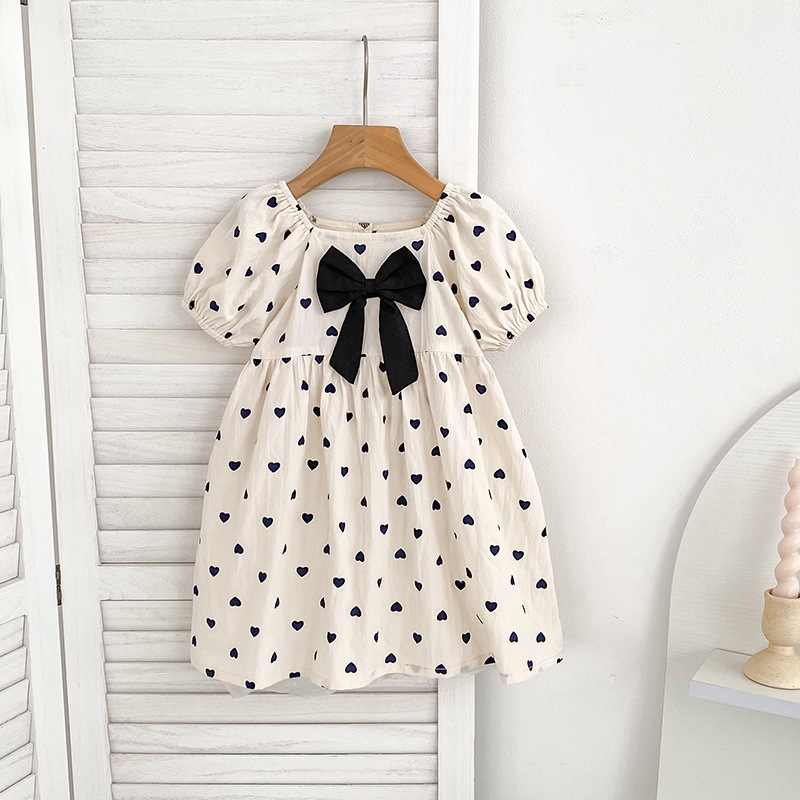 Girls White Heart Print Dress Black Bow Decor Puff Short Sleeve Toddler Princess Sundress Cute Party Casual Kids Summer Clothing