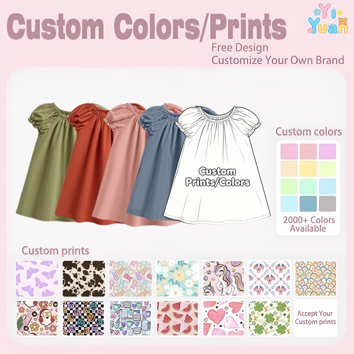 Custom Prints Colors Sizes Fashion Cotton Girls Dresses Puff Sleeve Dress Toddler Kids Children Summer Casual Playwear Wholesale