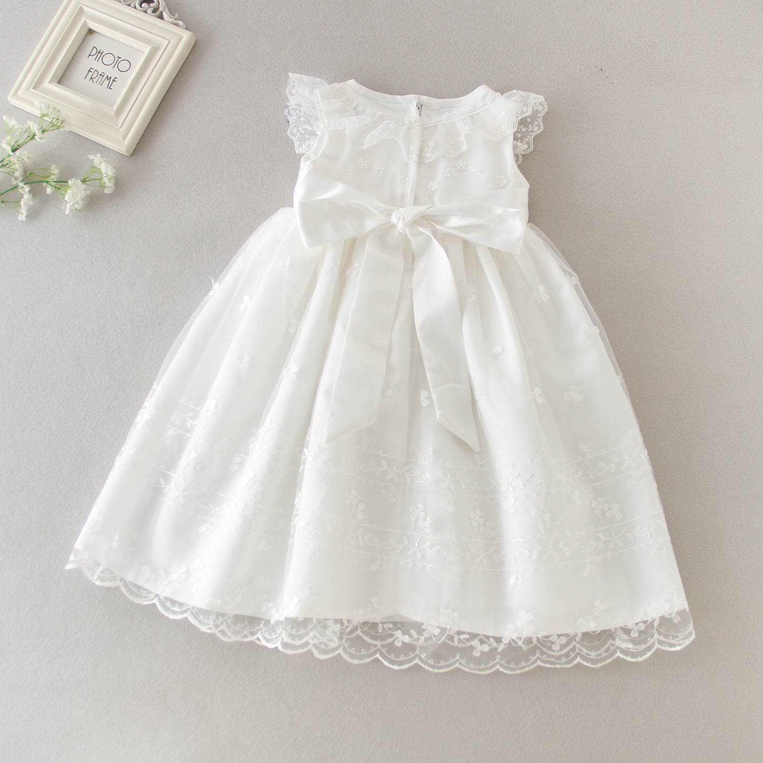 New Design Vintage Short Sleeve Lace White Baptismal Dress for Baby Girl