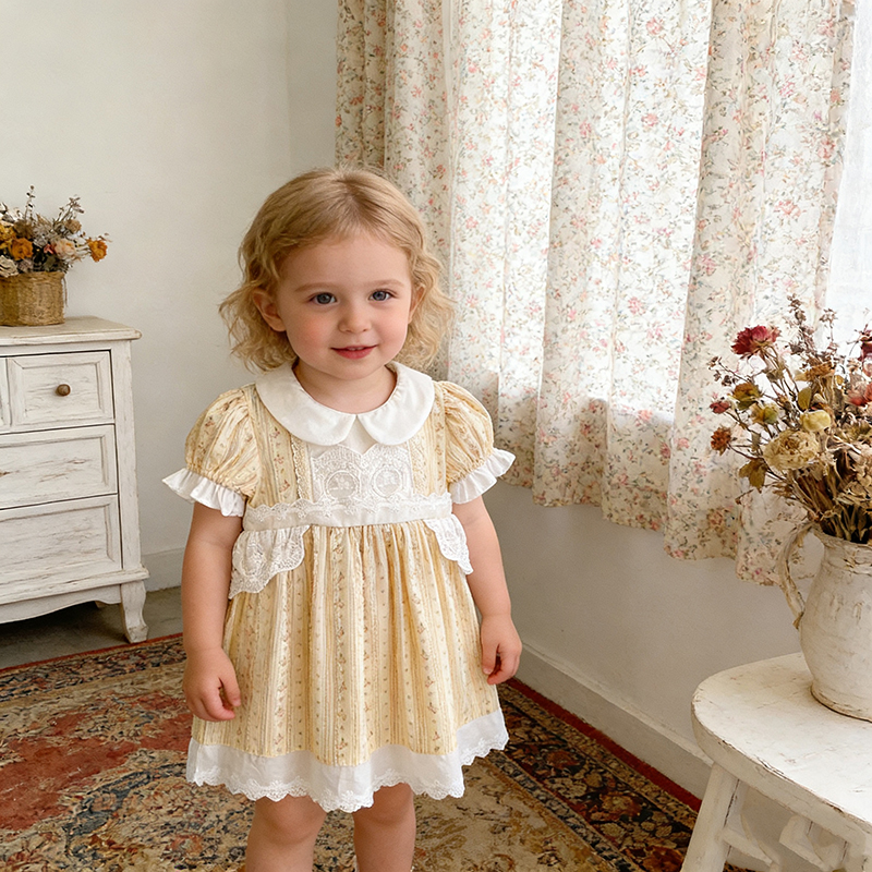 Toddler Girls Vintage Floral Dress Summer Peter Pan Collar Lace Trim Puff Sleeve Princess Dress for Birthday Party Kid Clothes