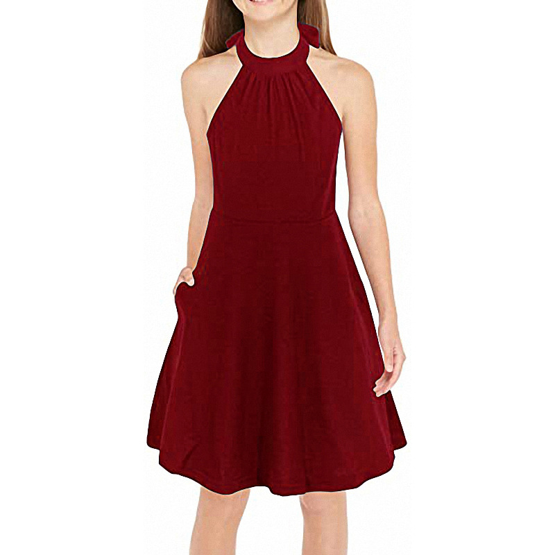 Hot Selling ODM Children's Solid Halter Neck Bow Summer Casual Knee-Length A-line Sundress with Pockets for 4-12 Years