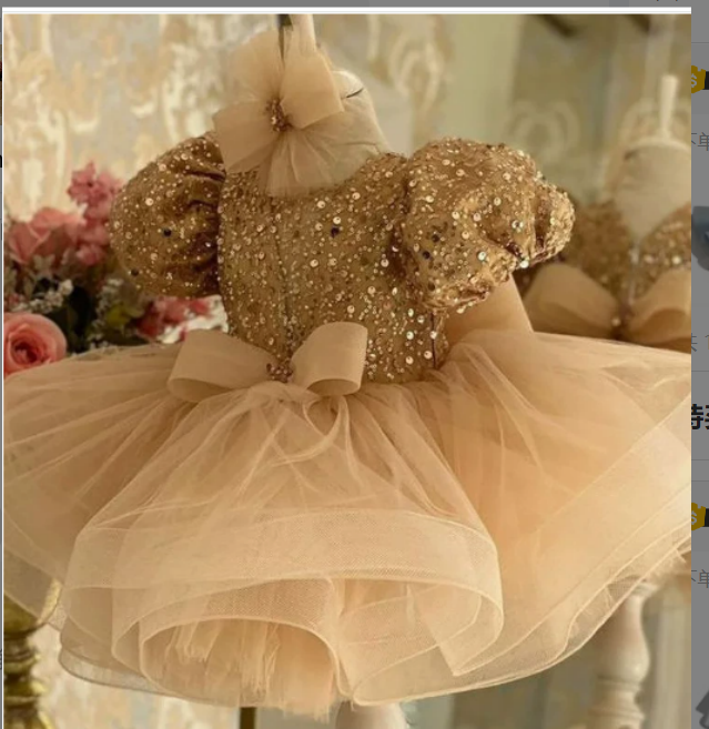 Champagne Gold Baby Sequin Flower Girl Dress Puff Sleeve Tulle Tutu Toddler Birthday Party Gown V-Neck Bow Formal Dress