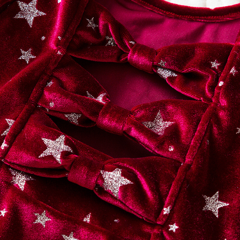 Hot Sale O-Neck Sweet Long Sleeve Winter Girls' Mini A-Line Polyester Velvet Stars Printed Christmas Dresses
