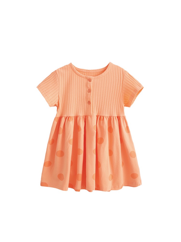 Girls Ribbed Knit Polka Dot Cotton Summer Dress,Cute Orange Short Sleeve Casual Playwear for Kids, Soft Breathable A-Line Dress