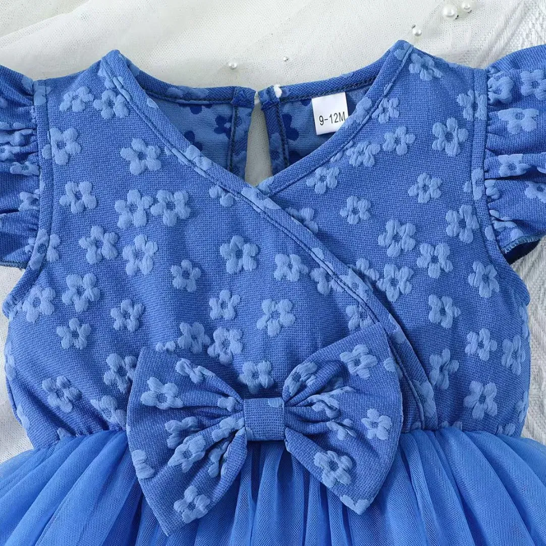 Wholesale OEM Toddler Girls Blue Tulle Ruffle Sleeve Floral Princess Party Dress