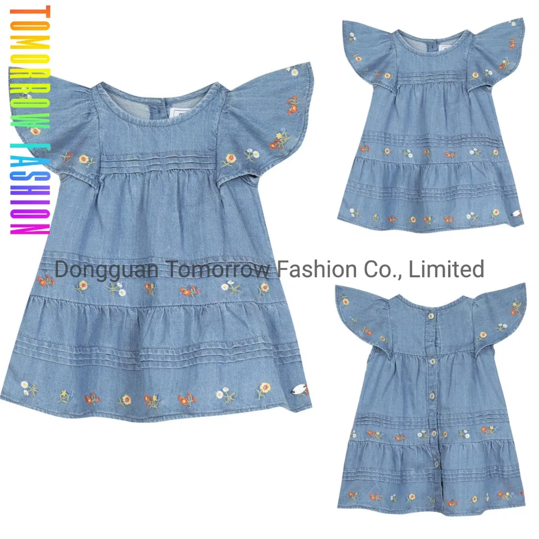 Private Label Wholesale Toddler Child Clothing OEM Custom Summer Baby Children Clothes Tops Kid Clothing Denim Girls' Dress with Flower Embroidery