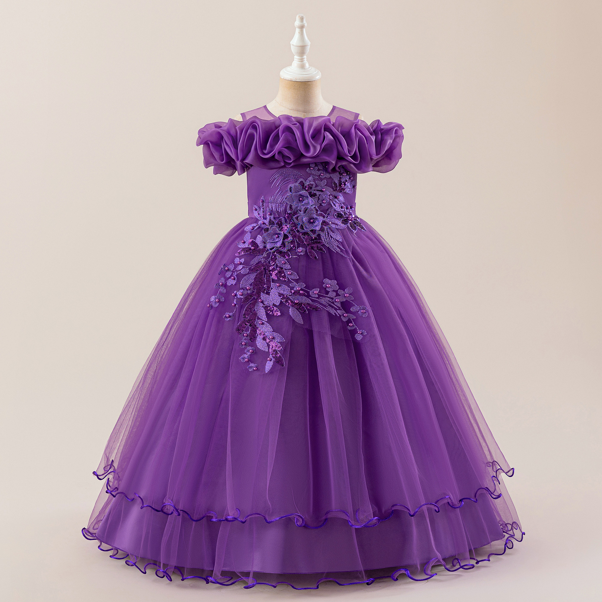 Vintage Sequin Flower Girl Dress One Shoulder Floral Princess Puffy Gown for Girls Birthday Party Stage Performance Wear Dress