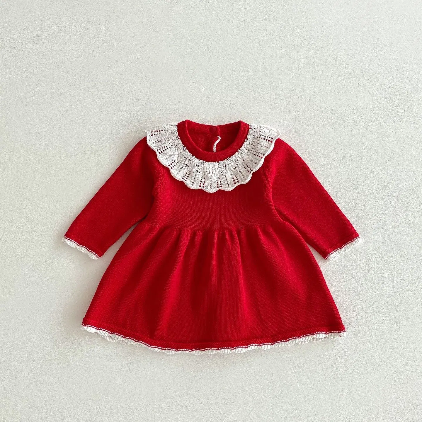 Baby Knitted Spring Girl Sweater Red Clothes Kids Doll Neck Long Sleeve Knitwear Dress