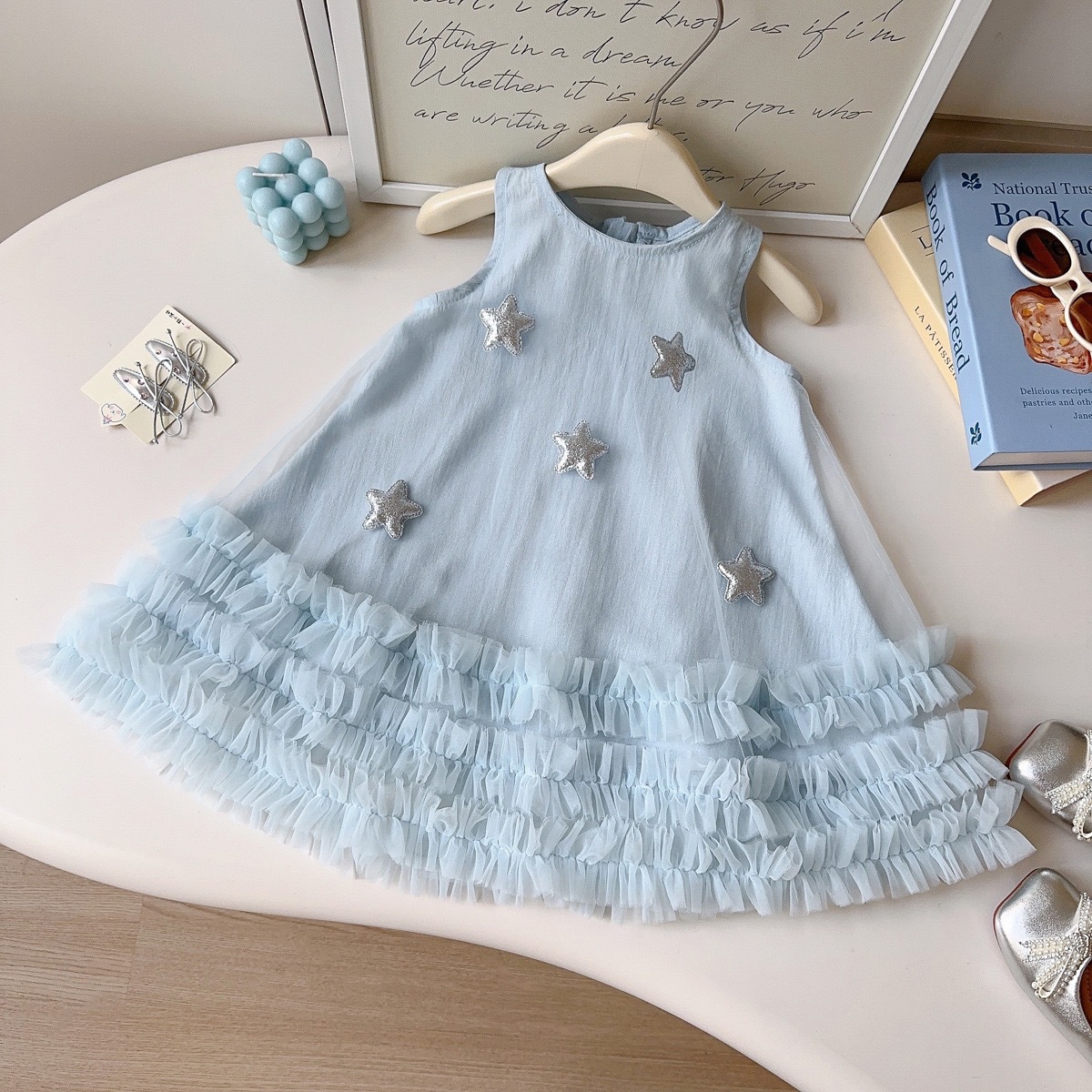 2026 New Fashion Girls Summer Dress New Arrival Starry Mesh Sundress Sleeveless Tiered Princess Skirt Softening Treatment