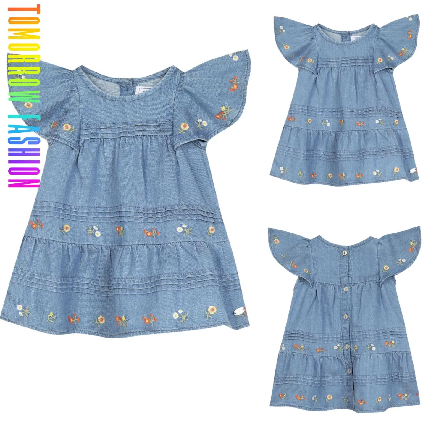 Private Label Wholesale Toddler Child Clothing OEM Custom Summer Baby Children Clothes Tops Kid Clothing Denim Girls' Dress with Flower Embroidery