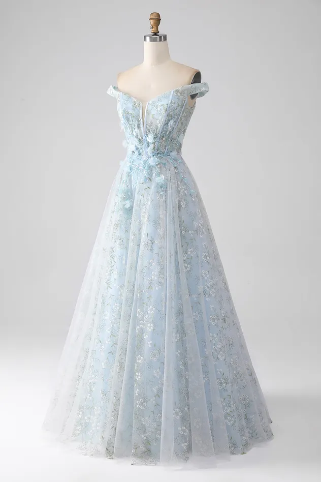 Sexy Sky Blue off Shoulder 3D Floral Embroidery Sheer Corset Tulle Cocktail Party Full Dresses Girl Dress