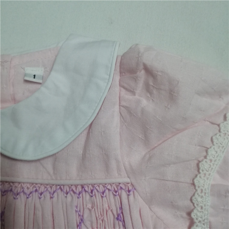 Girls Pink Peter Pan Collar Smocked Dress with Hand Embroidery Lace Trim and Waist Bow Kids Summer Cotton Dress