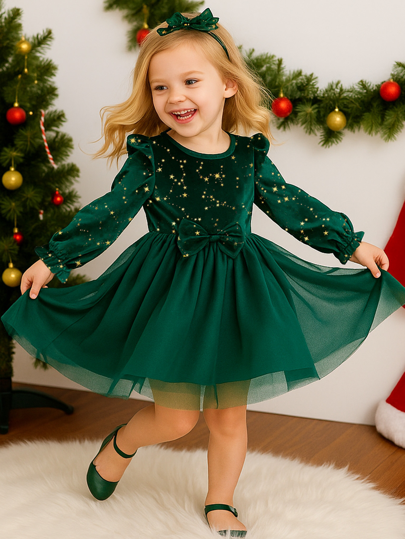 2025 Newest Baby Girl Long Sleeve Velvet Christmas Sweet Princess Dress