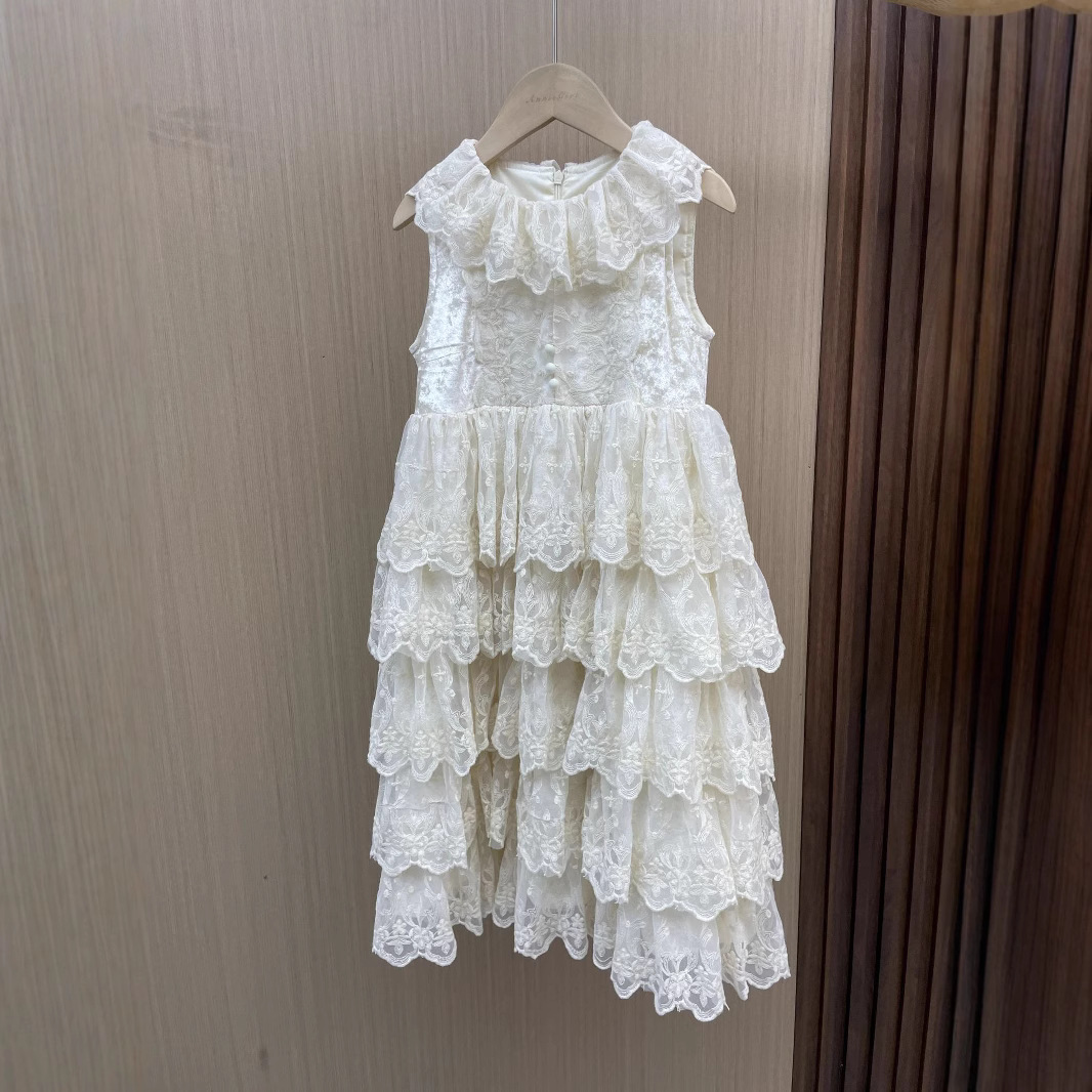 High-End Girls' Princess Dress for Summer Floral Lace Velvet Retro Style Antique Floral Heavy Work Puffy Dress Perfect Birthday