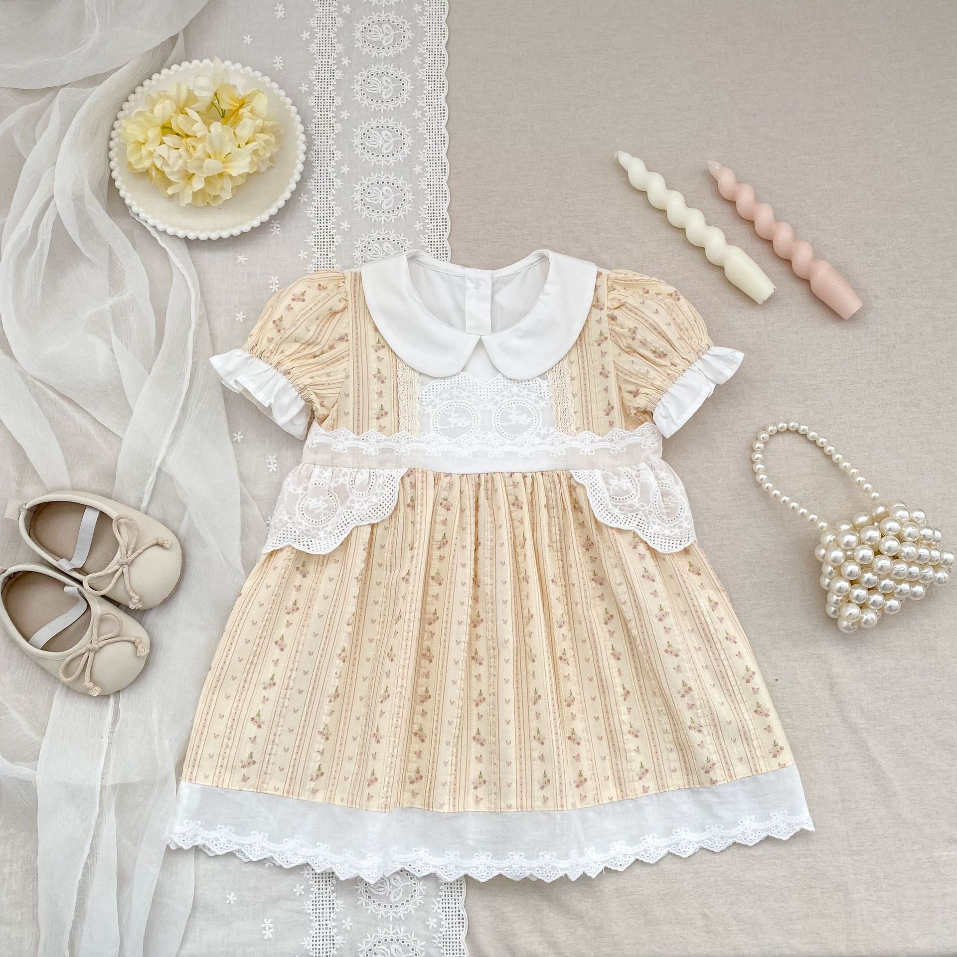 Toddler Girls Vintage Floral Dress Summer Peter Pan Collar Lace Trim Puff Sleeve Princess Dress for Birthday Party Kid Clothes