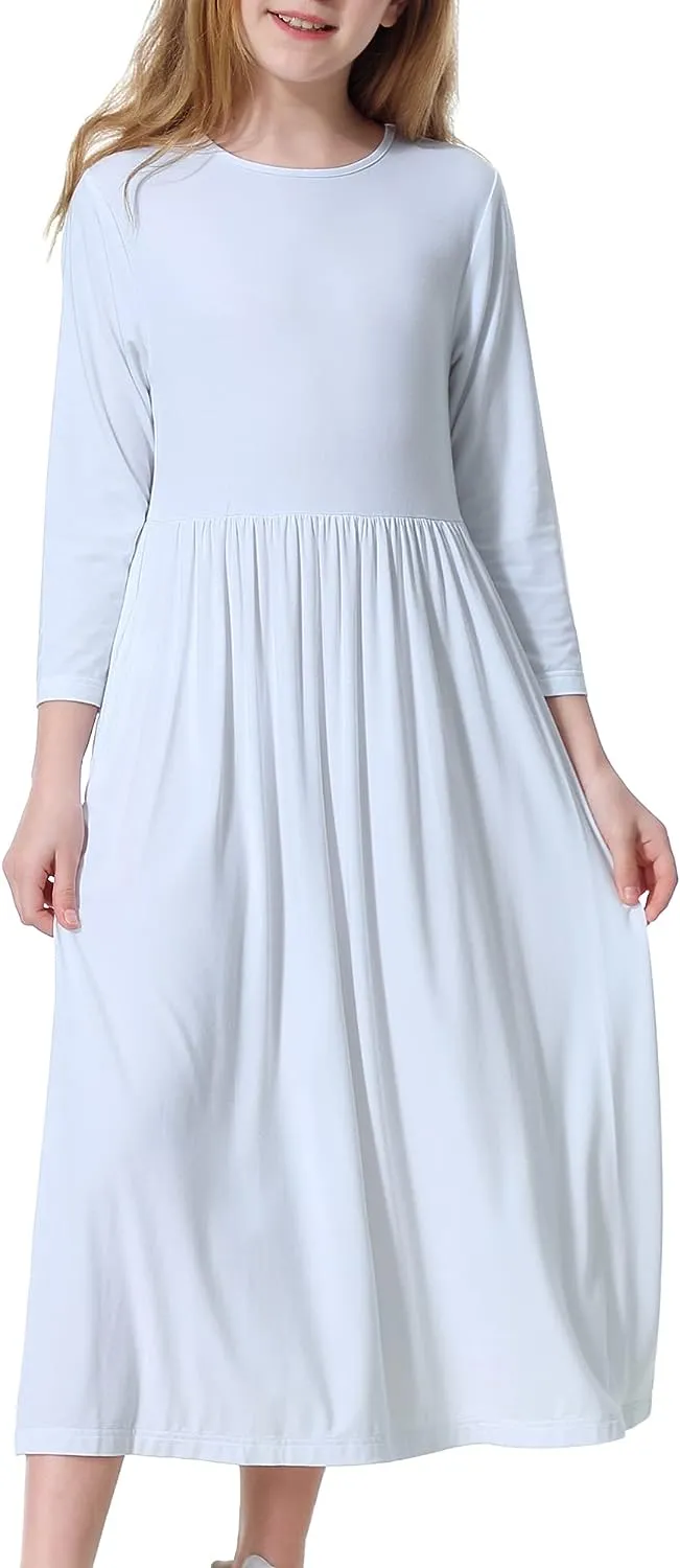 Girls Long Maxi Dress Kids Long Sleeve Swing Casual Dresses with Pockets