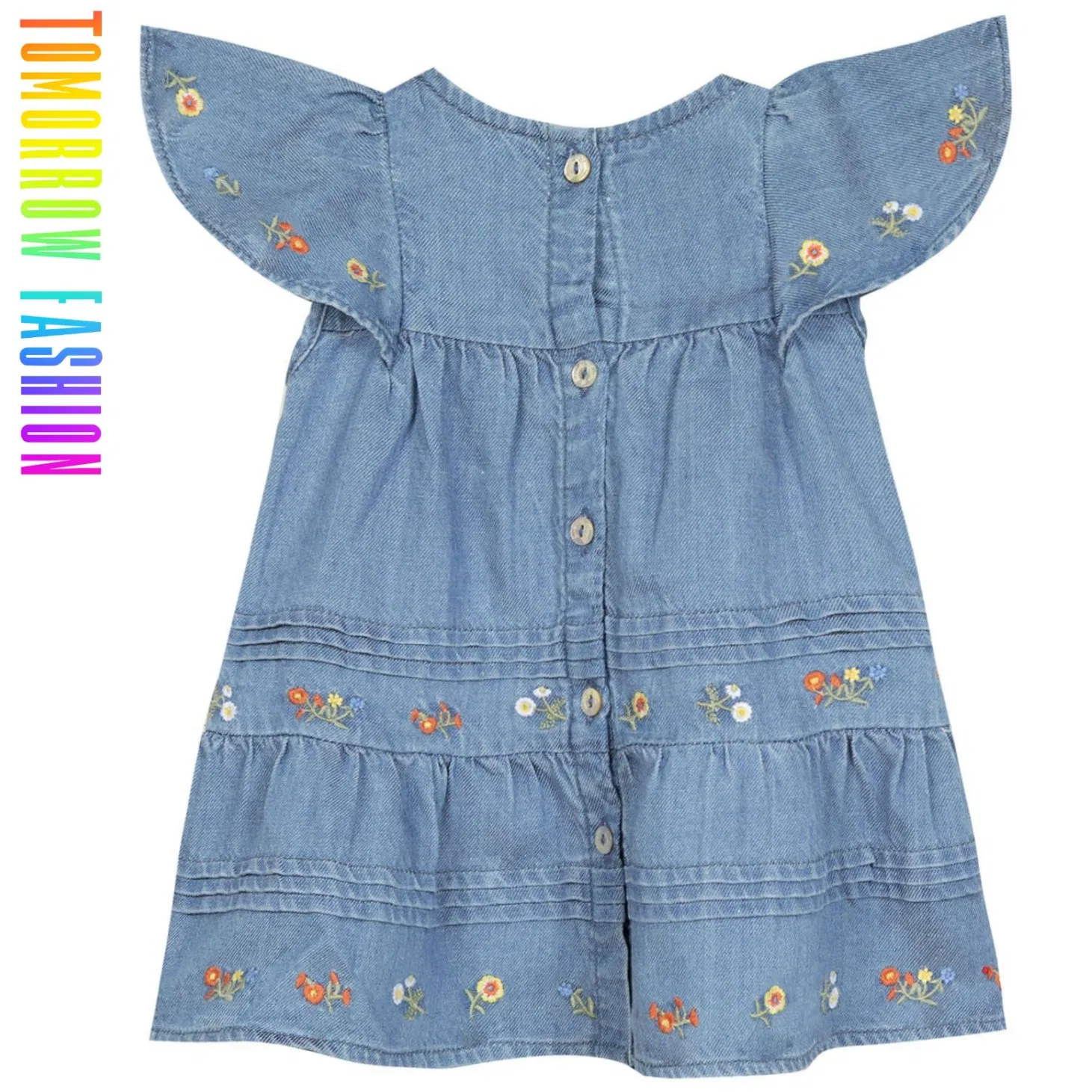 Private Label Wholesale Toddler Child Clothing OEM Custom Summer Baby Children Clothes Tops Kid Clothing Denim Girls' Dress with Flower Embroidery