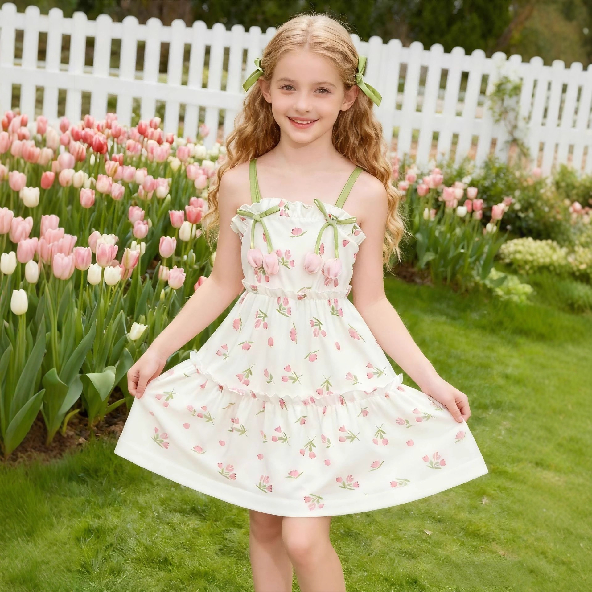 Girls Floral Sundress Luna Pink Cherry Print Green Strap Ruffle Hem Summer Dress Sweet Holiday Wear for Casual Party