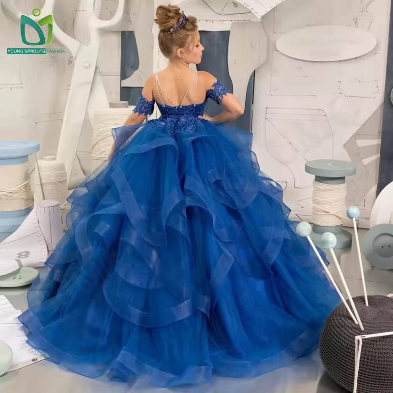 Luxury 12-Year-Old Kids Bridesmaid Dresses Vintage Chic Short Sleeve Flower Girl Gown with Lace &amp; Ruffle Decoration for Parties