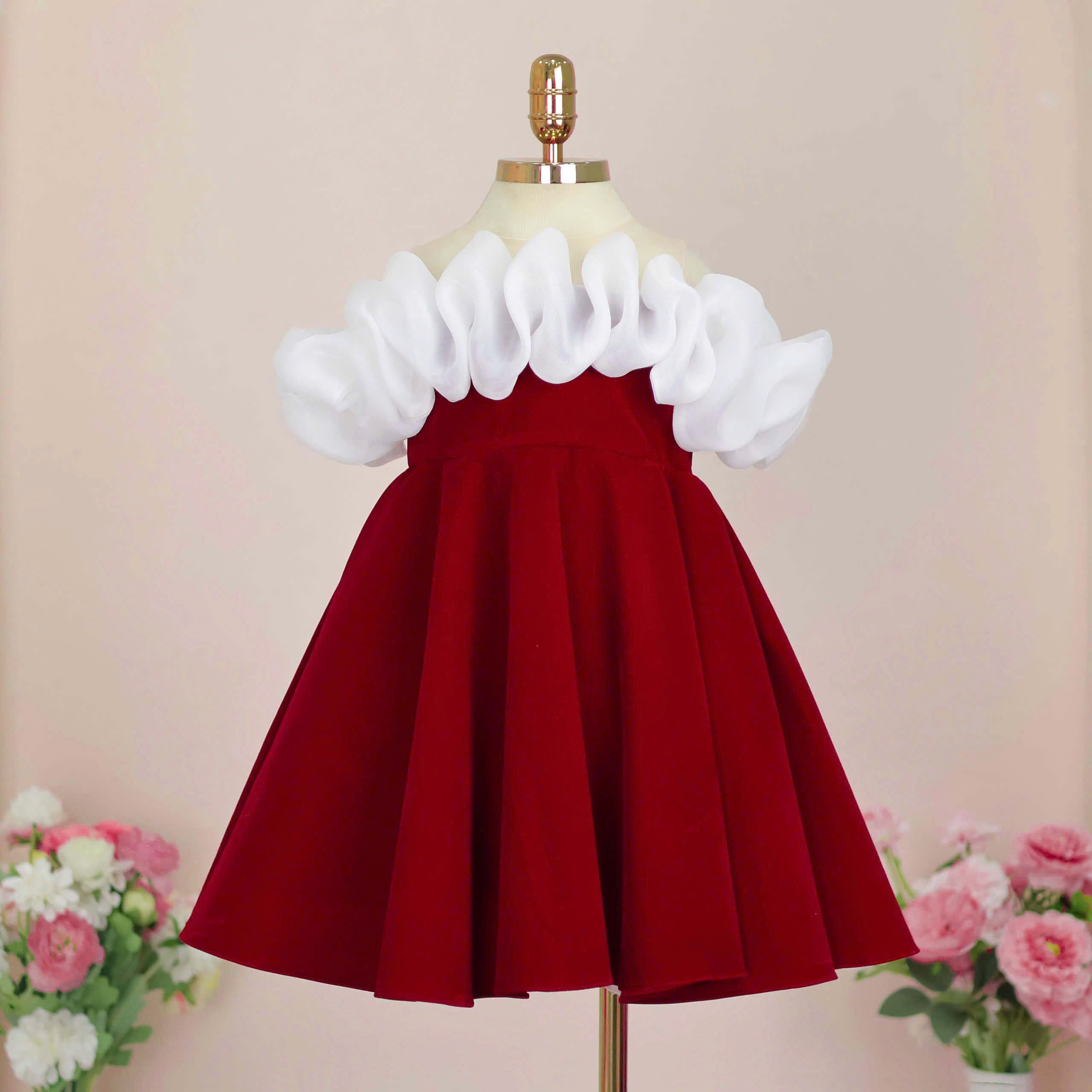 Christmas Red Velvet A-Line Knee-Length Party Dress for Girls 1-12 Years Old off Shoulder White Ruffle Tulle Flower Girl Dress