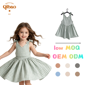 Cotton Blend Sleeveless Tie-Front Plaid Gingham Dress Toddler Girls Playtime Safe Soft Casual for Daily Life