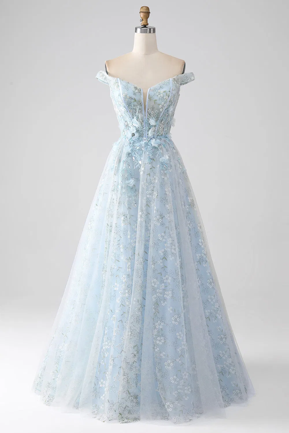 Sexy Sky Blue off Shoulder 3D Floral Embroidery Sheer Corset Tulle Cocktail Party Full Dresses Girl Dress