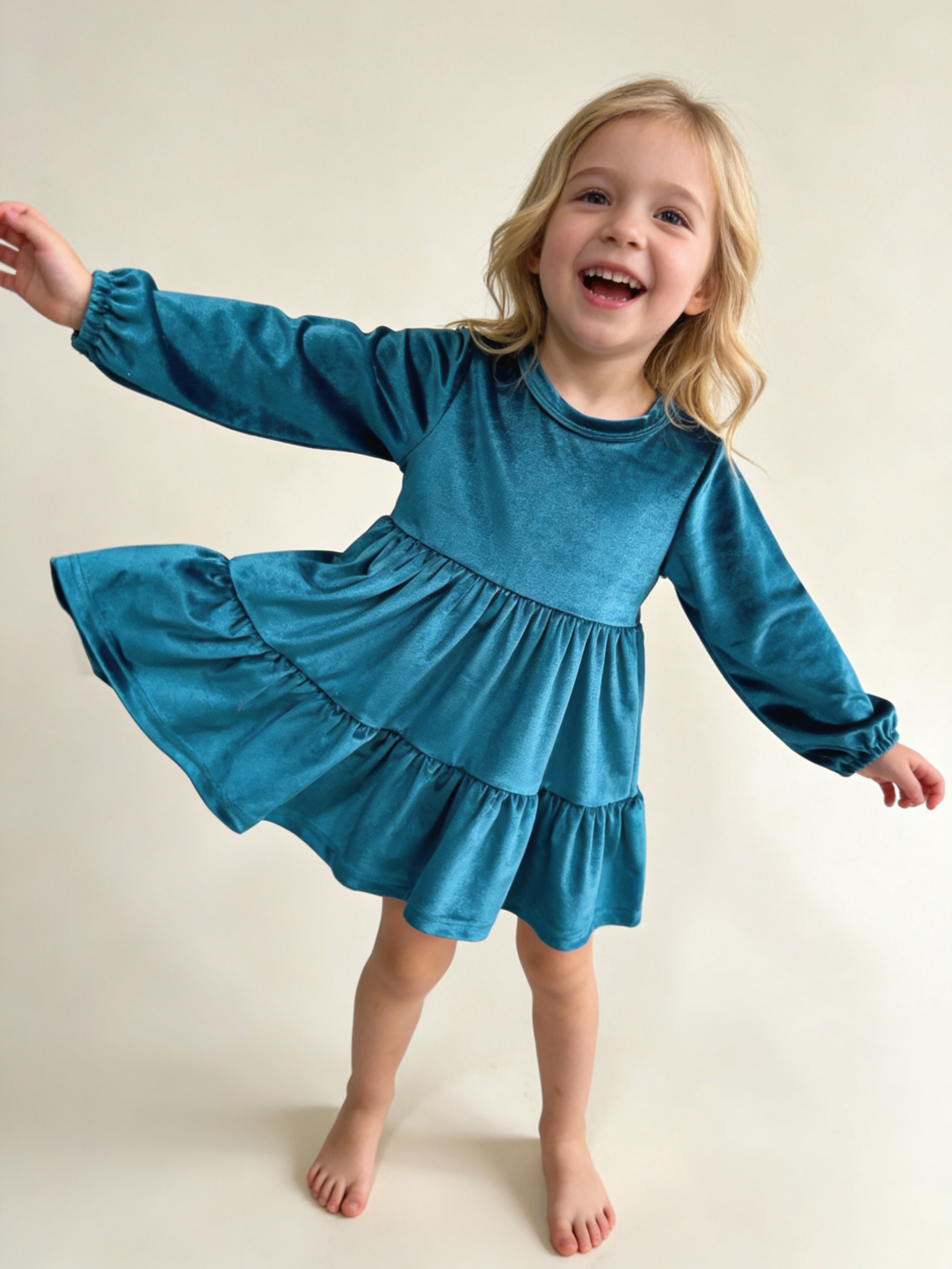 Long-Sleeve Fit and Flare Velvet Holiday Dress for Baby Girls Princess Ruffle Dress