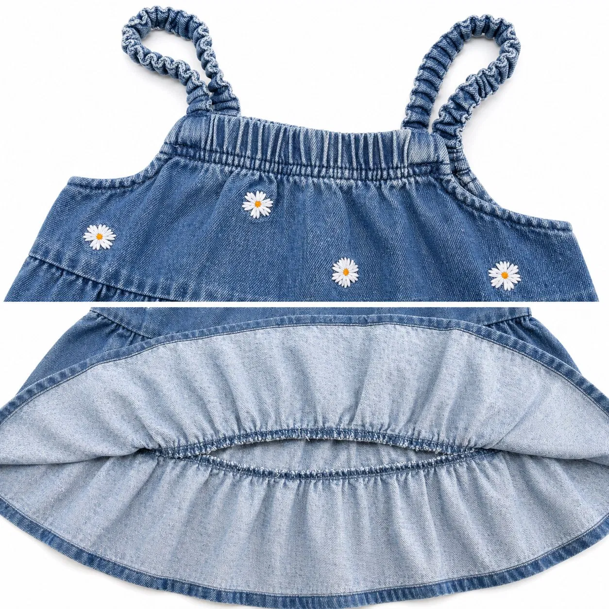 Girls Summer Casual Floral Embroidery Square Neck Sundress Children Tiered Denim Dress