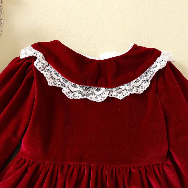 Wholesale Kids Boutique Clothing Toddler Girl Party Dress Winter Red Velvet Girls Smocked Dress Baby Girls Christmas Dress