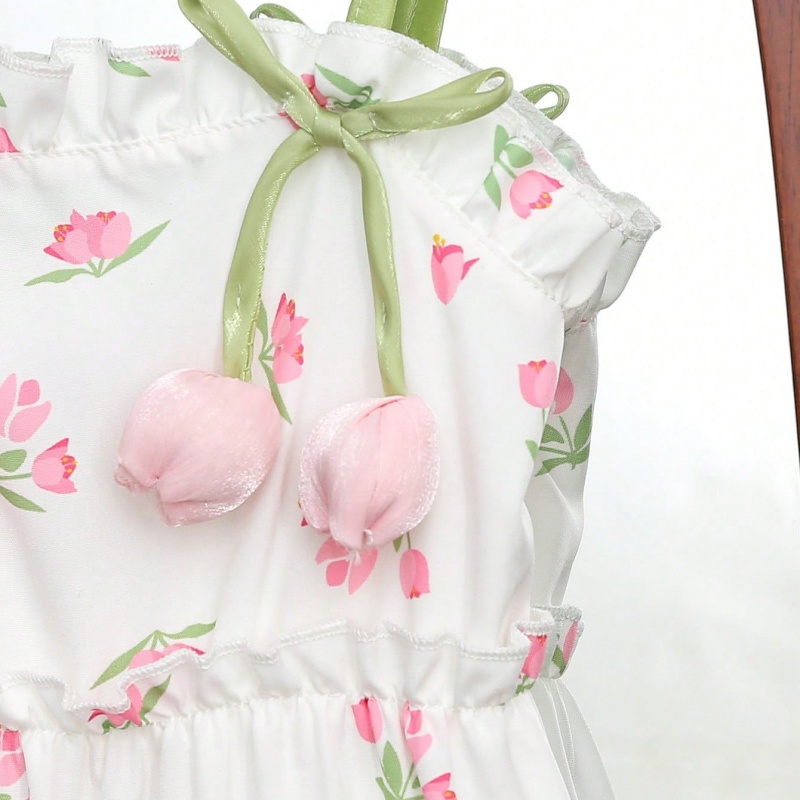 Girls Floral Sundress Luna Pink Cherry Print Green Strap Ruffle Hem Summer Dress Sweet Holiday Wear for Casual Party