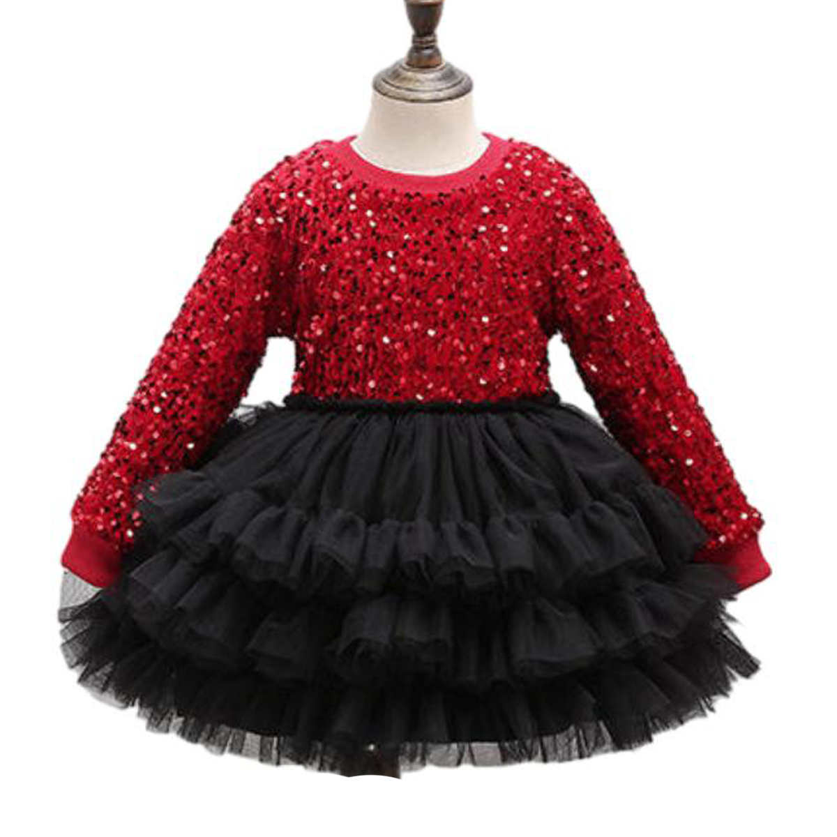 Custom Comfortable Long Sleeve Red Velvet Girl Princess Dress Sequin Tulle Dress for Girls