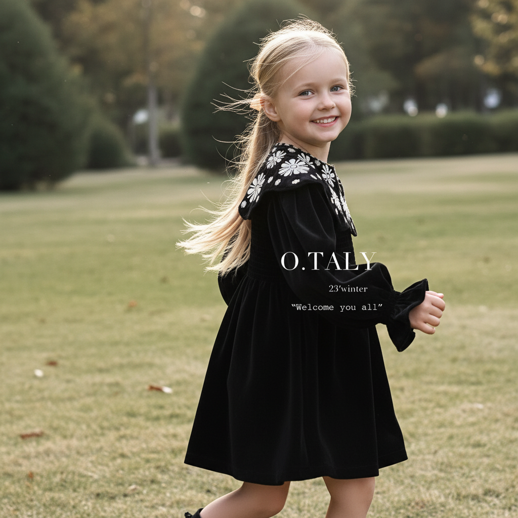 Winter Autumn New Korean Version Children's Velvet Plus Thick Solid O-Neck Collar Princess Dress Girls' Christmas Annual Dress