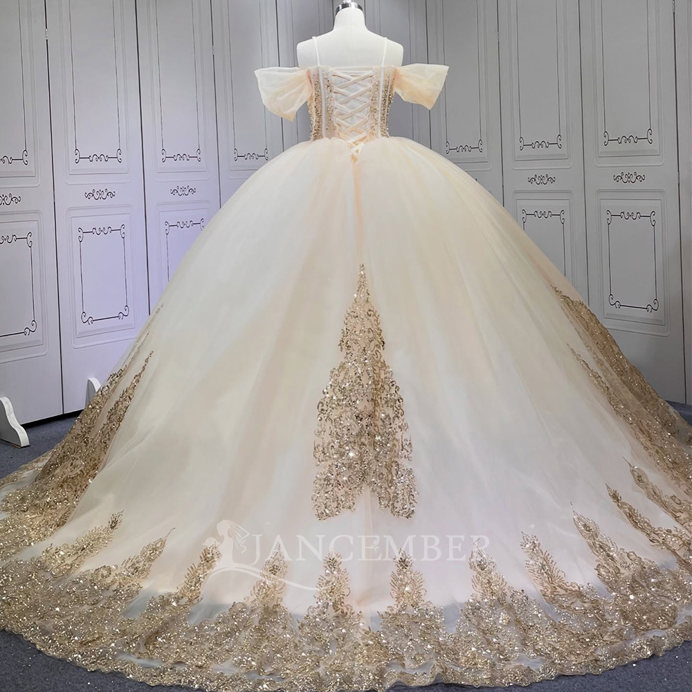 LSMU65 Vintage Champagne Off-Shoulder Lace Beading Appliques Ball Gown Sweetheart Neckline Chapel Train Party Girls Dress Shawl