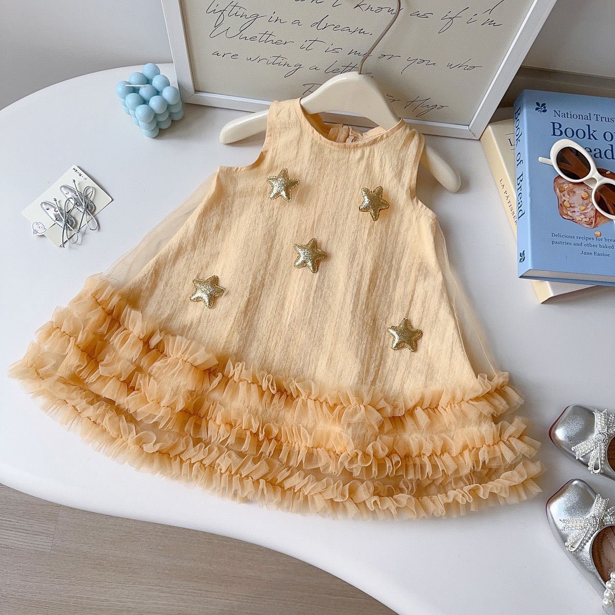 2026 New Fashion Girls Summer Dress New Arrival Starry Mesh Sundress Sleeveless Tiered Princess Skirt Softening Treatment