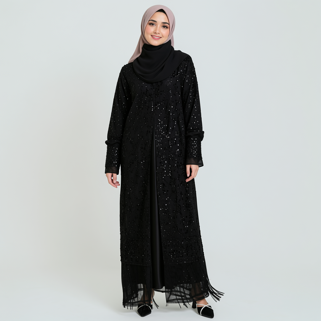 Lignes Factory Custom Black Sequin Open Abaya, Wholesale Muslim Eid Modest Evening Dress