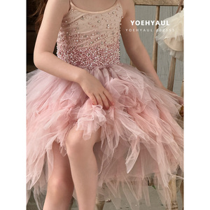 YOEHYAUL 26025 Pearl Beaded Strapless Tulle Princess Dress Girls Custom Layered Tulle Party Dress Kids Tulle Ballgown For Girls