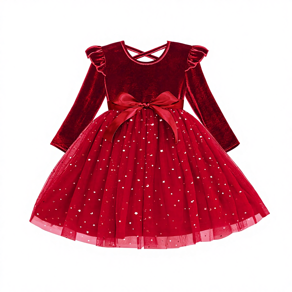 Cubear Toddler Girls Printed Velvet Tutu Bow Dress Fall Winter Long Sleeve Ruffle Holiday Party Casual 3-7Y Polyester Spandex