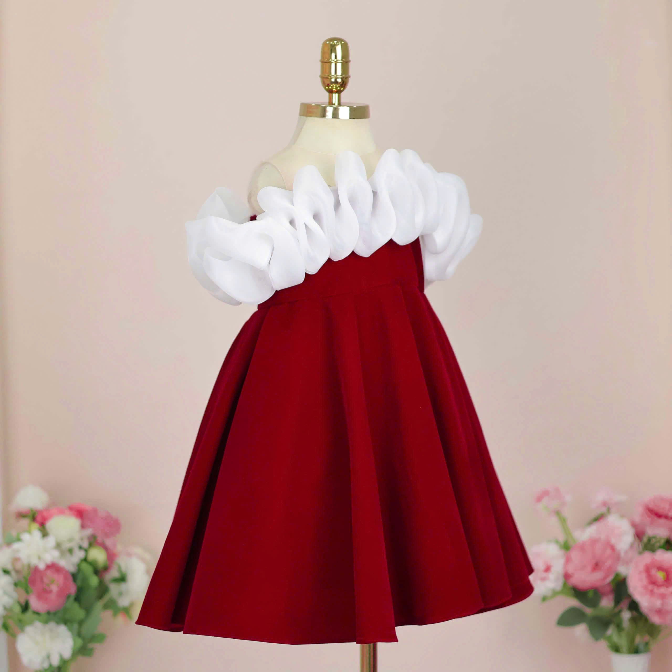 Christmas Red Velvet A-Line Knee-Length Party Dress for Girls 1-12 Years Old off Shoulder White Ruffle Tulle Flower Girl Dress