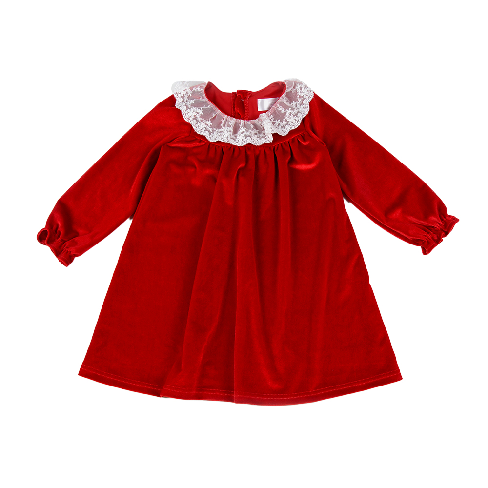 Autumn Vintage Girls Midi Dresses Long Sleeve with Buttons Back Lace Neck Comfortable Velvet Wear for Summer Holidays Parties