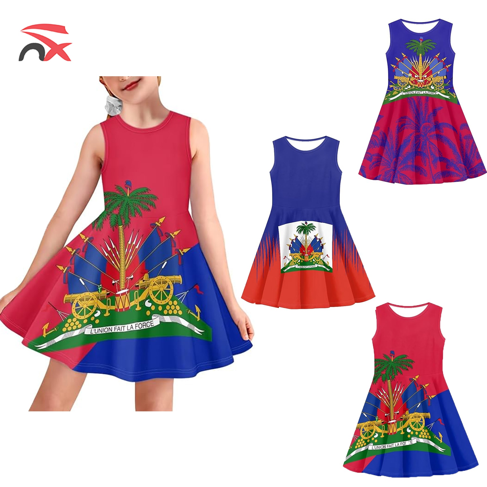 Casual Princess Summer Haiti Dresses Halter O-Neck Beach Sundress Kids Haiti Flag Skirt for Baby Little Girl