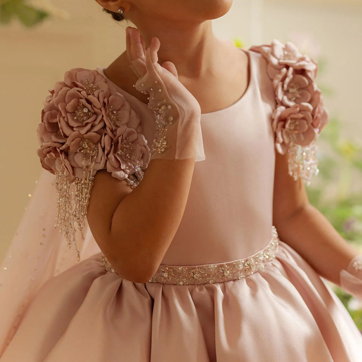 Pink Satin Western Special Occasion Kid Wedding Party Formal Design Beads High Quality Floor Length Children Flower Girl Dress