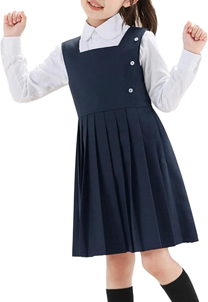 Custom Girls Sleeveless Pleated Pinafore Dress School Uniform White Long Sleeve Shirt Two Piece