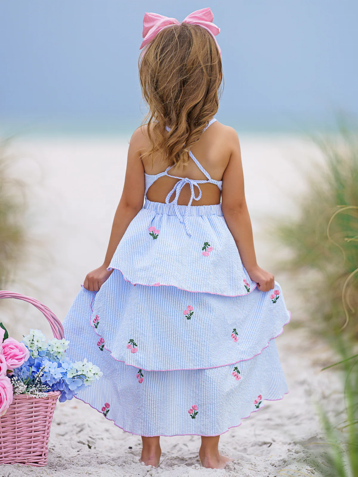 New Style Toddler Girls slip Dress with Flower Embroidery Blue Stripe Girl Dress Children Clothing in Summer