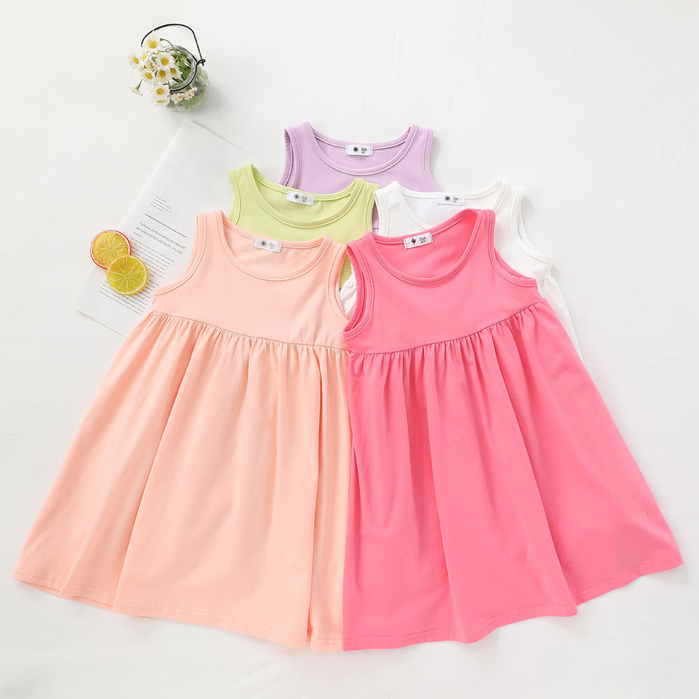 Baby Clothes Summer Toddler Sundress A-line Sleeveless Solid Color Smocked Dress Vest Top Baby Girls Cotton Dresses