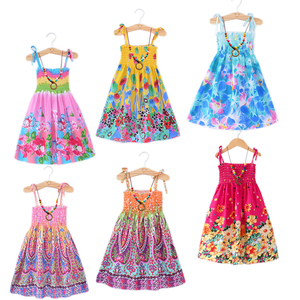 Wholesale Hot Sale Girl Dress Boutiques Summer Girls Bohemian Dresses Floral Sleeveless Rainbow Beach Sundress with Necklace