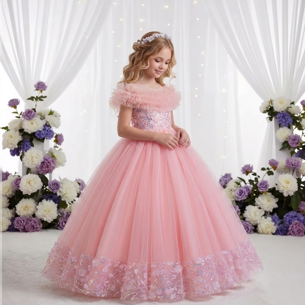 Western Style Fluffy Mesh Girl Party Dress Shining Beads Flower Girl Wedding Dress Elegant Children's Princess Dress for 10 Y